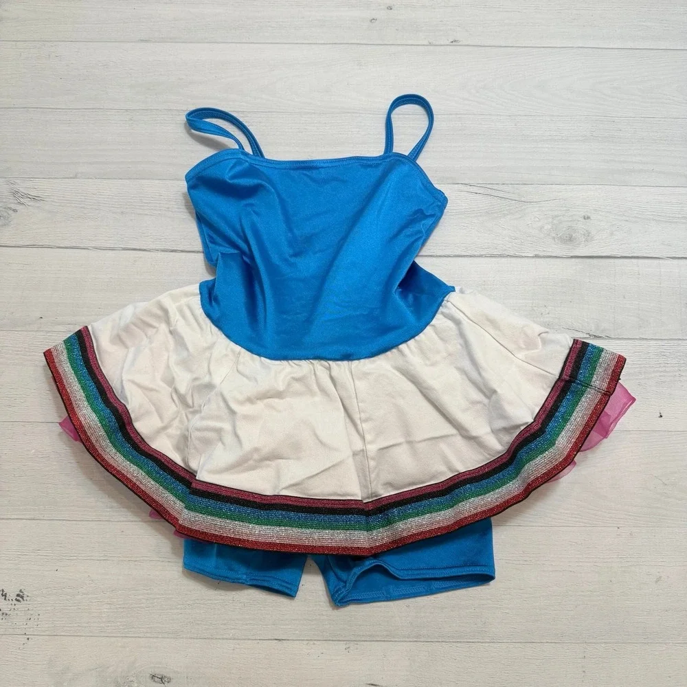 Weissman girls dance outfit leotard blue with white skirt pink tulle child small